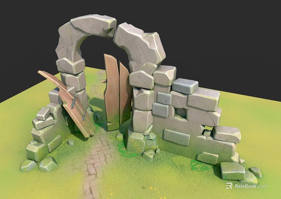 Ancient Stone Archway of Historic School Building with Broken Walls Wooden Door and Green Grass 3d model 