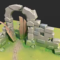 Ancient Stone Archway of Historic School Building with Broken Walls Wooden Door and Green Grass