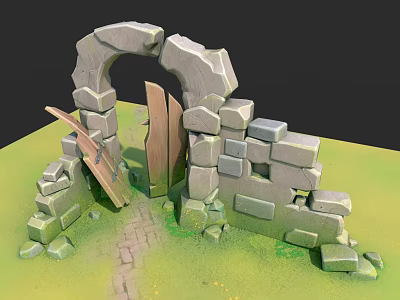 Ancient Stone Archway of Historic School Building with Broken Walls Wooden Door and Green Grass 3d model