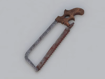Rusted Industrial Hacksaw With Wooden Handle Metal Frame And Sharp Saw Blade 3d model