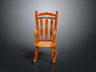 Traditional Wooden Rocking Chair In Orange With Curved Armrests And Slatted Backrest 3d model