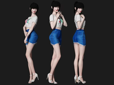Woman in White T-shirt and Blue Denim Shorts with White High Heels from Different Angles 3d model