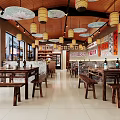 Chinese Restaurant Interior With Ceiling Umbrellas Lanterns Wooden Tables And Chairs