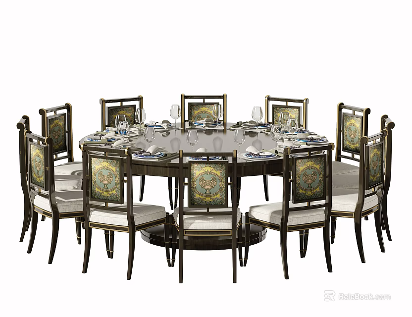 Elegant Round Dining Table Set With Ornate Backrest Chairs And Classic Design 3d model 
