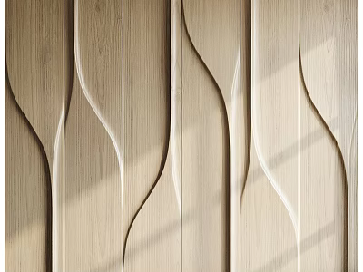 Modern Wooden Accent Wall Featuring Curved Wavy Patterns And Natural Grain 3d model
