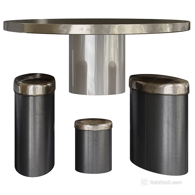 Round Silver Top Coffee Table With Cylindrical Base And Black Trash Bins With Silver Lids 3d model 