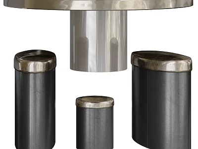 Round Silver Top Coffee Table With Cylindrical Base And Black Trash Bins With Silver Lids 3d model