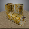 Rusty Oil Barrels Arrangement With Two Upright And One Lying On Brown Surface