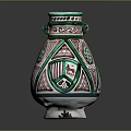 Hand Carved Ceramic Vase With Green Red Decorations Geometric Patterns Grape Motifs And Two Handles