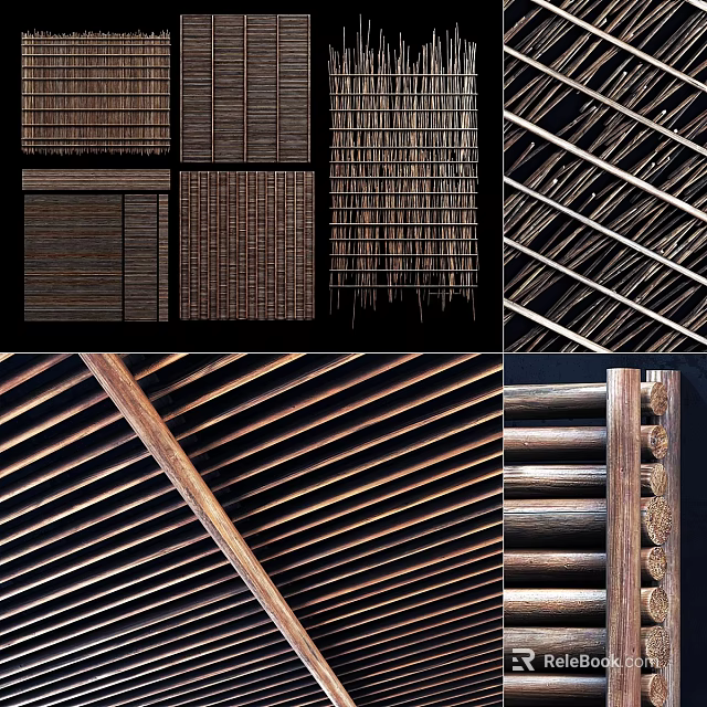 Natural Rustic Wall Decor With Bamboo Wooden Grid Striped Woven Patterns 3d model 