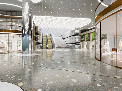 Spacious Modern Shopping Mall Lobby With Marble Floor Escalators And Glass Storefronts 3d model