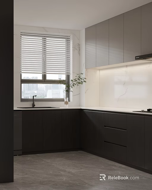 Modern Contemporary Kitchen Interior With Dark Cabinets White Countertop Window Blinds And Decorative Plant 3d model 