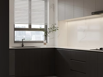 Modern Contemporary Kitchen Interior With Dark Cabinets White Countertop Window Blinds And Decorative Plant 3d model