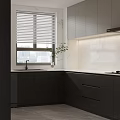 Modern Contemporary Kitchen Interior With Dark Cabinets White Countertop Window Blinds And Decorative Plant