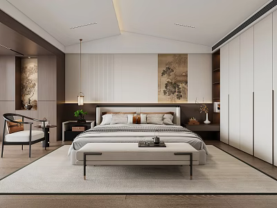 Elegant Modern Bedroom Interior With Upholstered Bed Wardrobe And Decorative Artwork 3d model