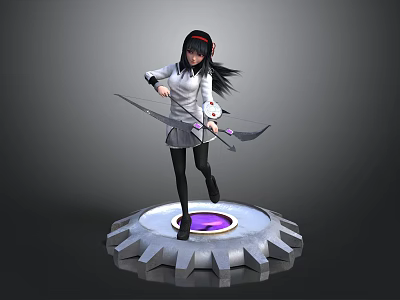 Anime Style Female Character With Black Hair Holding Weapon And Small Creature 3d model