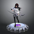Anime Style Female Character With Black Hair Holding Weapon And Small Creature
