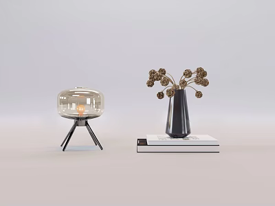 Stylish Decorative Ornament Set with Clear Glass Cloche Tripod Base and Black Vase Dried Flowers 3d model