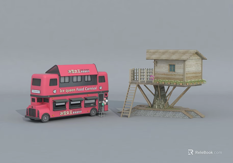 Red Double Decker Bus For 24/7 Food Service With Treehouse Structure Commercial Equipment 3d model 