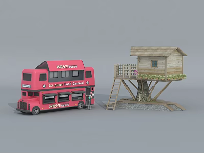 Red Double Decker Bus For 24/7 Food Service With Treehouse Structure Commercial Equipment 3d model