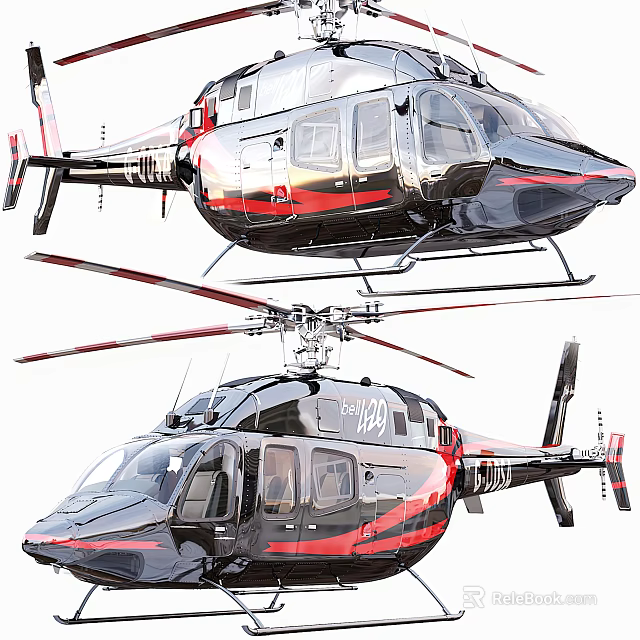 Sleek Modern Black and Red Helicopter Exterior with Rotors and Window Details 3d model 