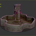 Aged Stone Fountain With Central Column And Petal Shaped Basin Blue Top