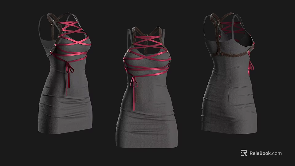 Fitted Gray Tank Dress with Crisscross Straps and Pink Brown Straps 3d model 