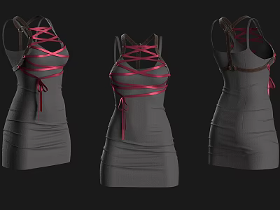Fitted Gray Tank Dress with Crisscross Straps and Pink Brown Straps 3d model