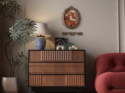 Entryway Side Cabinet Wooden Drawer Design with Red Chair Table Lamp Decorative Painting and Plant 3d model