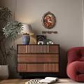 Entryway Side Cabinet Wooden Drawer Design with Red Chair Table Lamp Decorative Painting and Plant