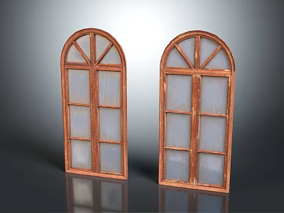 Casement Windows With Arched Design Brown Wooden Frame And Glass Panes Vintage Style 3d model