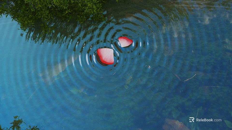 Serene Scenery with Red Petals Floating on Water Surface Creating Ripples and Green Reflections 3d model 