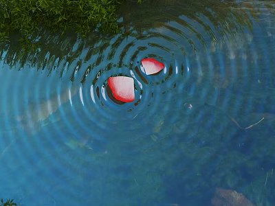 Serene Scenery with Red Petals Floating on Water Surface Creating Ripples and Green Reflections 3d model