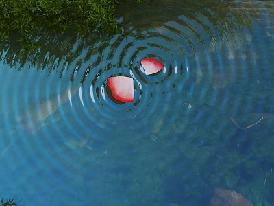 Serene Scenery with Red Petals Floating on Water Surface Creating Ripples and Green Reflections 3d model