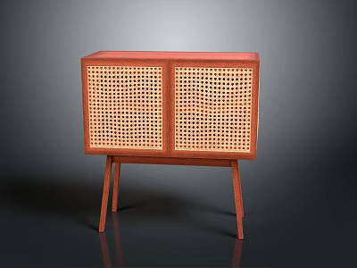 Modern Wooden Cabinet With Woven Rattan Doors And Slender Legs For Home Decor 3d model