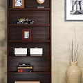 Dark Colored Multi Shelf Bookcase With Books Photo Frames Decorations And Vase