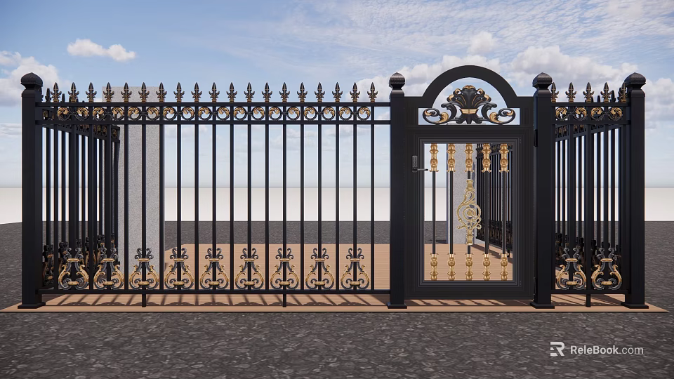 Ornate European Style Entrance Gate With Black Iron And Golden Decorations Open Under Blue Sky 3d model 