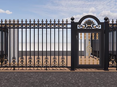 Ornate European Style Entrance Gate With Black Iron And Golden Decorations Open Under Blue Sky 3d model