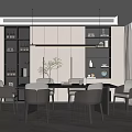 Modern Restaurant Interior With Dining Table Chairs Hanging Lamp Open Shelves And Windows