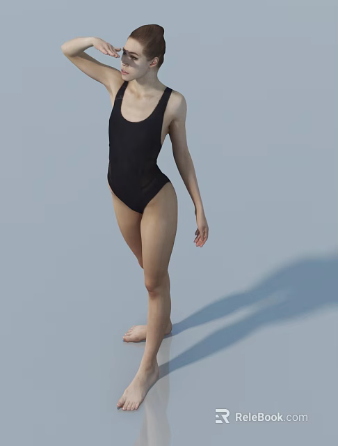 Woman in black one-piece swimsuit standing against light blue background with shadow 3d model 