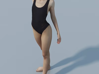 Woman in black one-piece swimsuit standing against light blue background with shadow 3d model