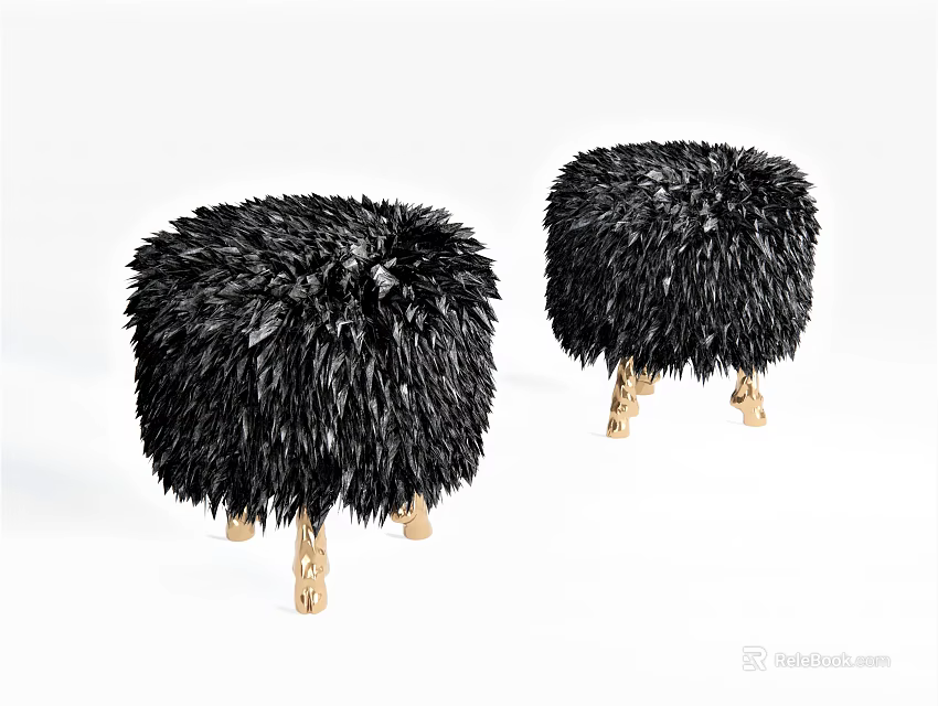 Black Feather Decorative Stools With Gold Metal Legs For Modern Interior 3d model 