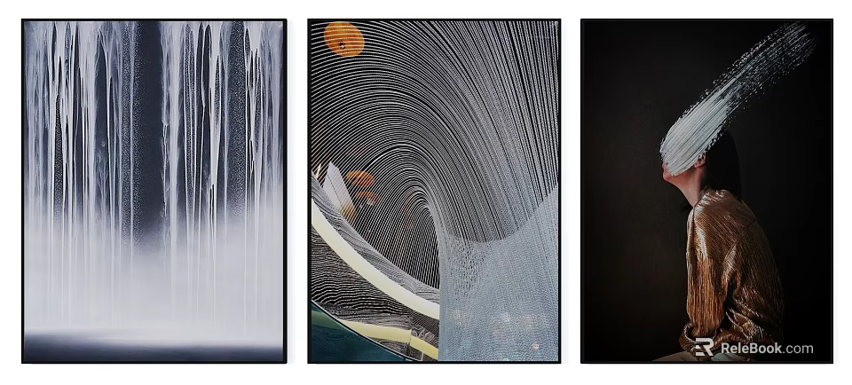 Three Abstract Art Paintings With Line Patterns Orange Moon And Wave Design 3d model 