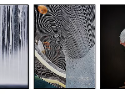 Three Abstract Art Paintings With Line Patterns Orange Moon And Wave Design 3d model