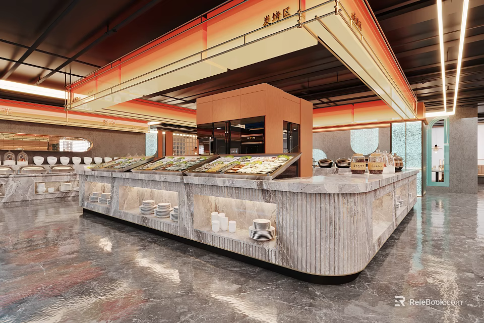 Modern Restaurant Interior With Open Layout Warm Lighting Marble Food Counter And Displayed Food Items 3d model 