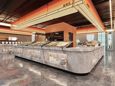 Modern Restaurant Interior With Open Layout Warm Lighting Marble Food Counter And Displayed Food Items 3d model