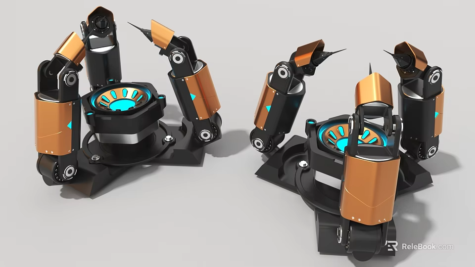 Modern Industrial Robotic Arms With Black And Orange Metallic Structure And Blue Indicator Lights 3d model 