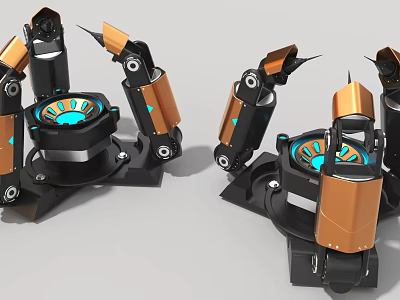 Modern Industrial Robotic Arms With Black And Orange Metallic Structure And Blue Indicator Lights 3d model