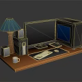 Orange Office Desk Setup With Lamp Monitor Computer Tower Speakers Mouse Keyboard And Mug