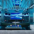 Modern KTV Interior Design With Blue Lighting Large Screen Comfortable Sofa And Decorative Ceiling 3d model